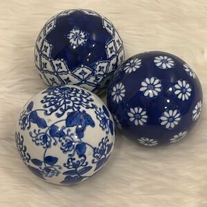 Porcelain Balls Blue White Set of 3 Handpainted Floral